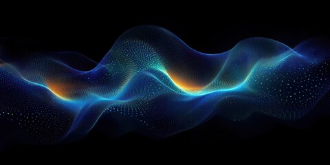 Abstract Flowing Wave Pattern in Blue and Green Dots on Black Background