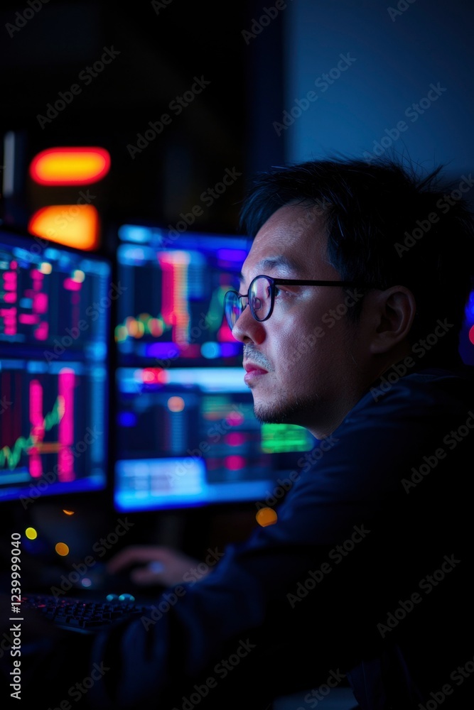 Aufkleber man monitoring stock market data on multiple screens