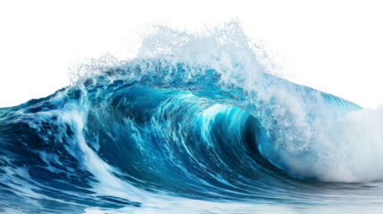 Giant blue ocean wave breaking with transparent background