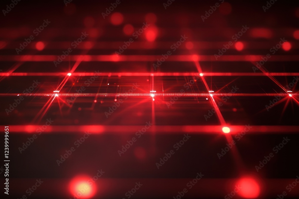 Poster red lights grid pattern, glowing on dark surface, background with bokeh effect, for technology use