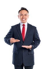 Portrait of an Asian businessman showing his open palm hand isolated over a white background. Copy space. Concept of business, entrepreneur, and successful