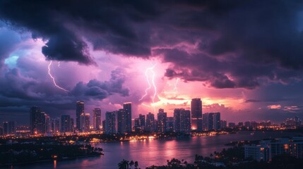 Obraz premium Miami's skyline captured during a thunderstorm with lightning lighting up the cityscape.