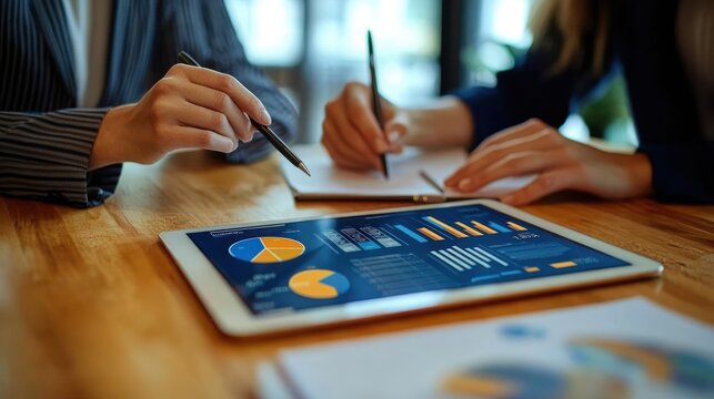 Business Meeting with Professionals Discussing Data on Tablet for Strategy and Planning