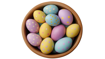 Colorful easter eggs with polka dots filling a wooden bowl on transparent background