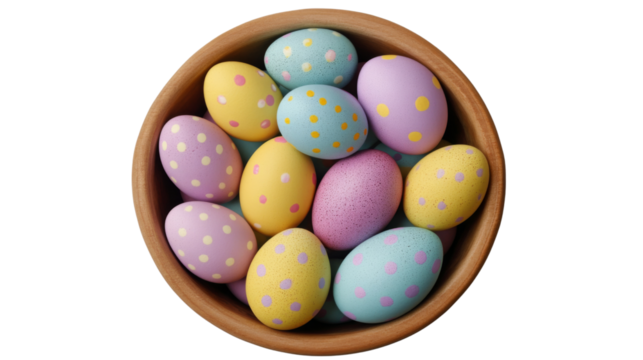 Colorful easter eggs with polka dots filling a wooden bowl on transparent background