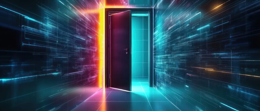 Futuristic door opening to a vibrant digital landscape
