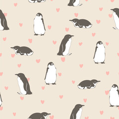 gray penguins on beige repetitive background with hearts. vector seamless pattern. animal illustration. fabric swatch. wrapping paper. continuous design template for greeting card, textile, linen
