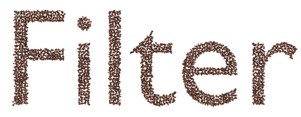 Filter Text Made with Coffee Beans 3D Render on Transparent Background