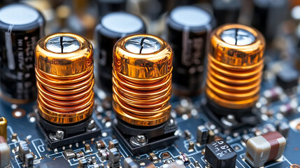 A detailed view of a PCB with a toroidal core inductor and tightly coiled copper wire, surrounded by electrolytic capacitors, resistors, and rainbow spectrum transformers, representing technological c