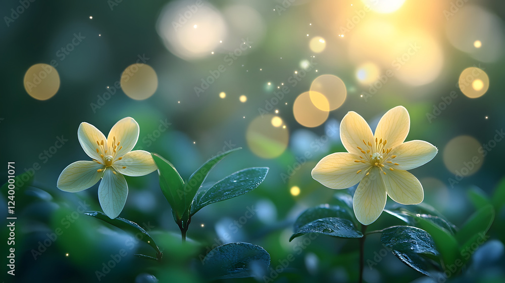Poster a serene scene featuring two yellow flowers surrounded by lush green leaves, illuminated by soft sun