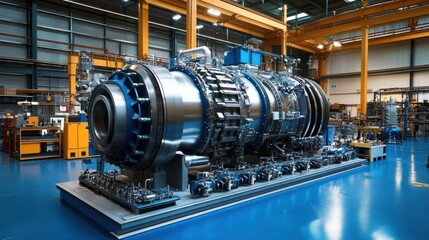 Industrial gas turbine engine on display in a factory.