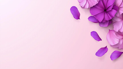 Obraz premium A soft pink background adorned with vibrant purple flower petals, creating a serene and elegant floral arrangement.