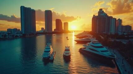 Fototapeta premium Miami aerial view showcasing luxury yachts docked along a vibrant marina