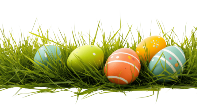 Colorful easter eggs hiding in green grass with transparent background - Powered by Adobe