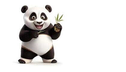 Naklejka premium Happy Panda Cub Holding Bamboo Shoots