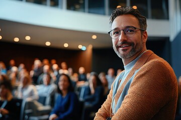 Fototapeta premium Dynamic Speaker Engaging Diverse Team in Modern Office Collaboration Meeting