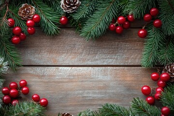 Christmas Rustic Table Decoration with Pine Leaves and Red Berries for Holiday Celebration