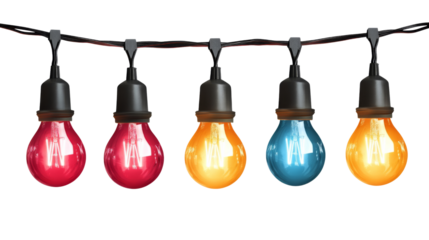 Colorful string lights hanging with transparent background