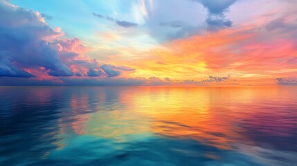 Fototapeta premium Miami skyline at sunset, colorful hues in the sky reflected on the calm ocean waters