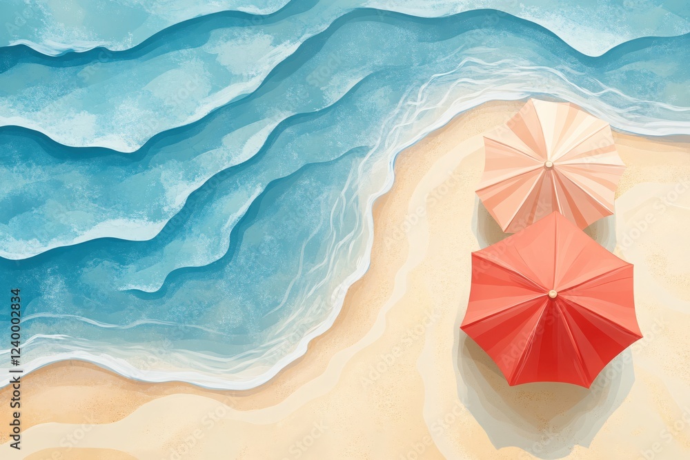 Poster tranquil beach scene with gentle waves and colorful umbrellas in a soft painted style
