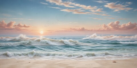 Obraz premium Serene Coastal Scene at Sunrise Gentle Waves Rolling onto a Sandy Shore Under a Pastel Sky with a Flock of Birds in Flight
