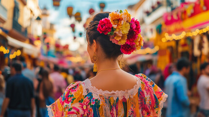 The festive atmosphere of Feria de Abril in Seville, women wearing bright flamenco dresses with flowers in their hair, Ai generated images