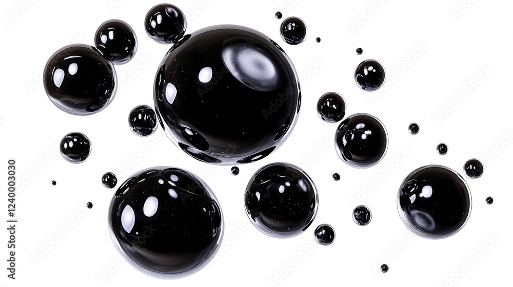Poster Black spheres floating on transparent background: abstract 3d render