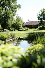 Obraz premium Serene Pond Reflects House In Lush Green Landscape