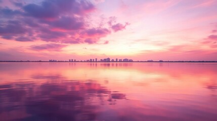 Fototapeta premium Miami skyline reflected in calm water during sunrise, with soft pink and purple skies