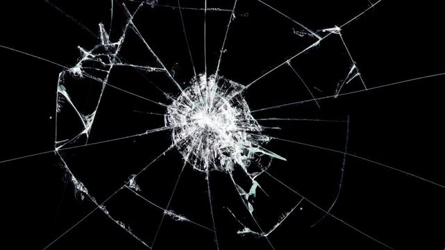 Cracked glass fracture effect on black background, Animation bullet through glass on background.
Abstract broken transparent glass texture. Cracked and Shattered black glass with slow motion. Alpha
