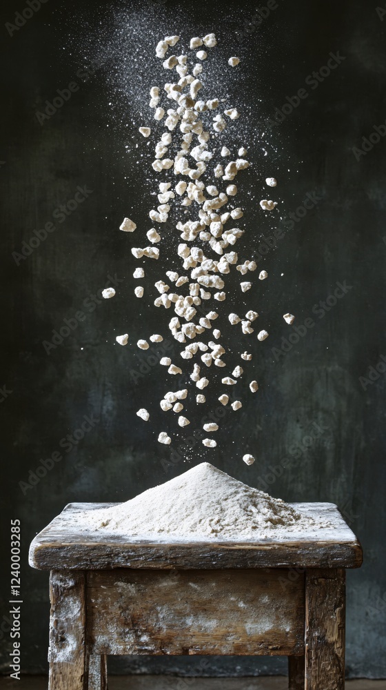 Poster flour falling onto a rustic wooden table creating a dynamic and textured food photography scene