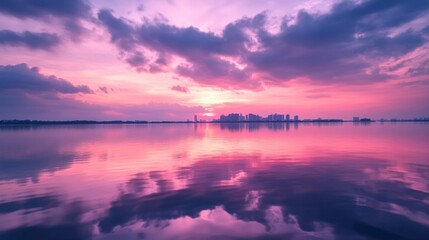 Obraz premium Miami skyline reflected in calm water during sunrise, with soft pink and purple skies