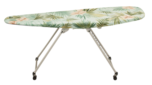 Ironing board showing tropical print cover on transparent background