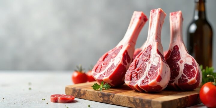 Three succulent, raw lamb chops arranged on a rustic wooden cutting board, accompanied by vibrant red cherry tomatoes and fresh herbs, ready for culinary preparation.