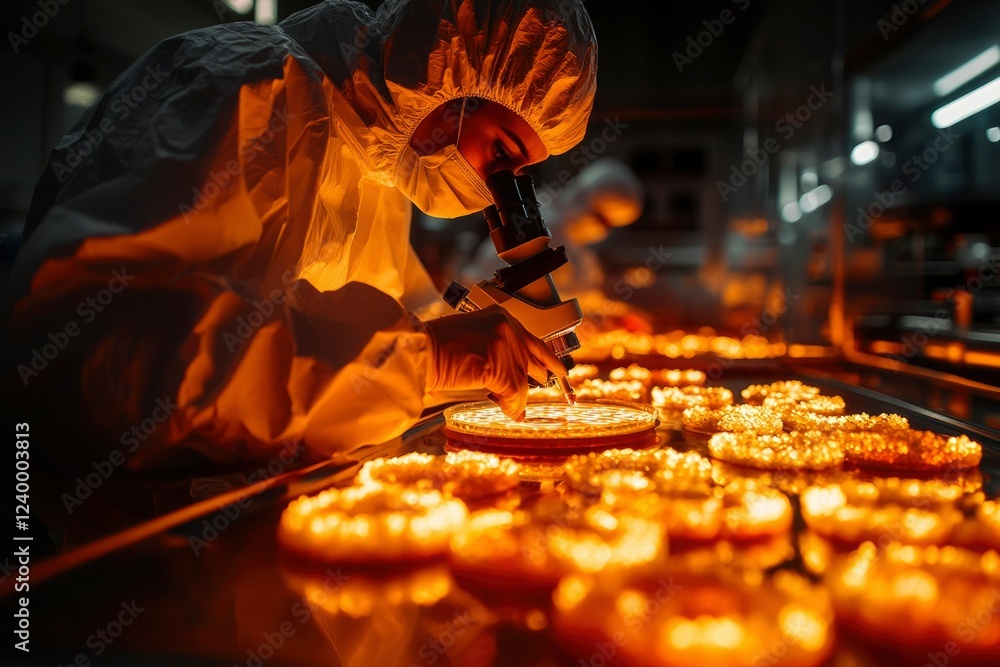 Poster scientist examining cultures under microscope in lab