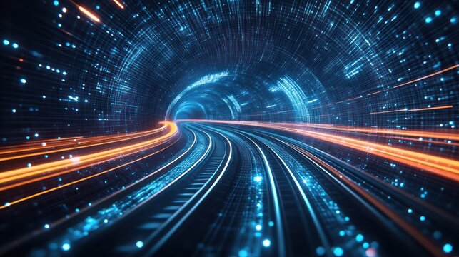 Futuristic data highway tunnel with glowing tracks.