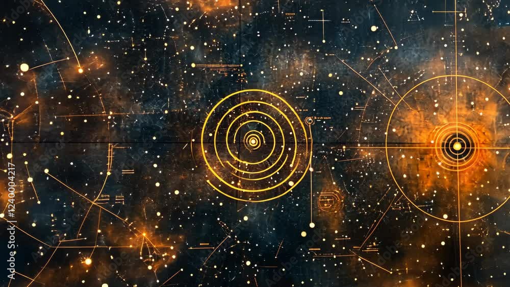 Poster cosmic exploration showing solar system with concentric circles and starry background in an imaginat