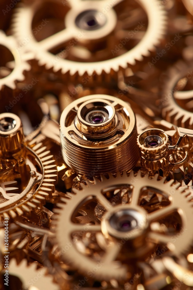 Poster intricate gold gears interlocking precisely in complex mechanism