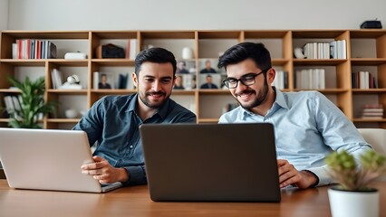 Dos colegas hispanos trabajando en un proyecto juntos desde diferentes ubicaciones mediante videollamada.
