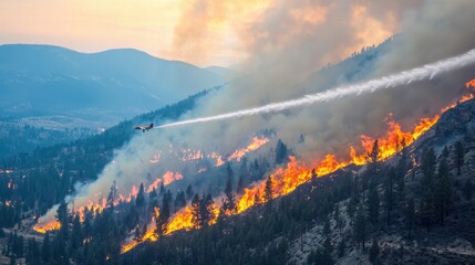 Aerial firefighting design. Wildfire burning through trees with an aircraft releasing water above.