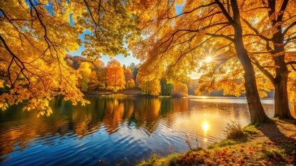 Obraz premium Golden light filtering through the trees as autumn leaves change colors in front of a serene lake, forest view, foliage display