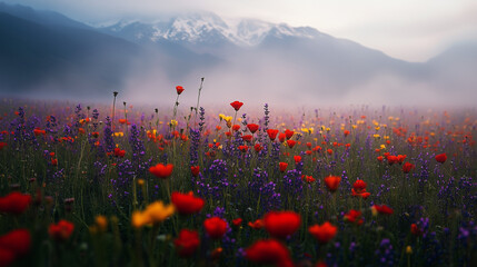 Valley of Flowers Kashmir at dusk, golden sky illuminates the blooming wildflower fields, a small river flows in the middle of the valley with the calming reflection of the dusk light © mohammad