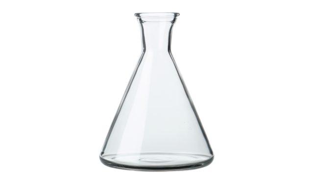 Empty erlenmeyer flask standing on transparent background for laboratory research