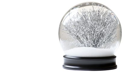 Snow globe showing winter landscape with falling snow on transparent background
