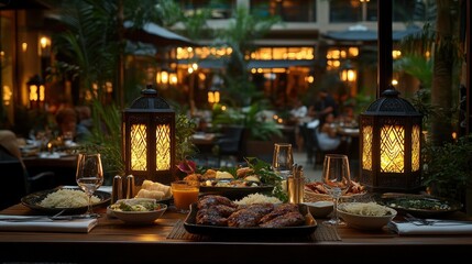 Fototapeta premium Romantic outdoor dinner, courtyard, evening, lanterns, food