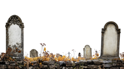 Old tombstones rising from stone wall with transparent background