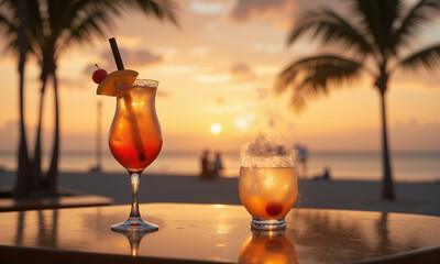 tropical cocktail on a beach bar at sunset, with the drink garnished by an orange slice and a cherry,