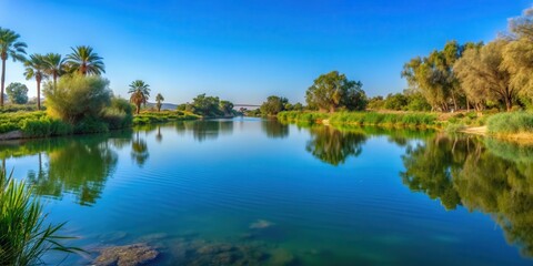 Serene lake surface with perfectly reflected blue sky and lush greenery surrounding in Beer Sheva Israel landscape, water
