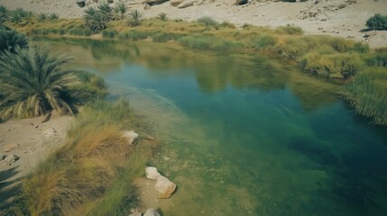 Tranquil Desert Waterway Lush Vegetation Sunny Day
