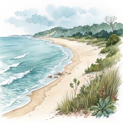 Serene Seascape Watercolor Coastal Scene, Beach, Ocean Waves, Nature Watercolor Painting, Coastal Art